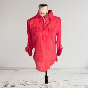 Cotton Daisy Medium Coral Button-Front Tunic Blouse NWT